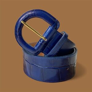 Harken LTD Genuine Leather Croc Embossed Statement Belt Gold Buckle Blue Size 32